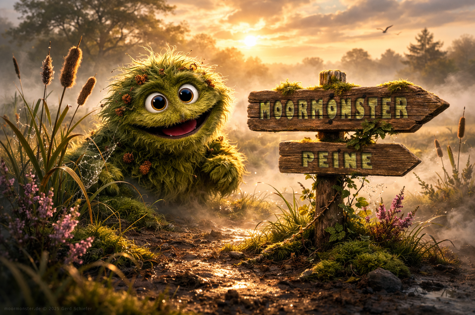Das Peiner Moormonster schaut freundlich aus dem Nebel hervor. Daneben steht ein Wegweiser.